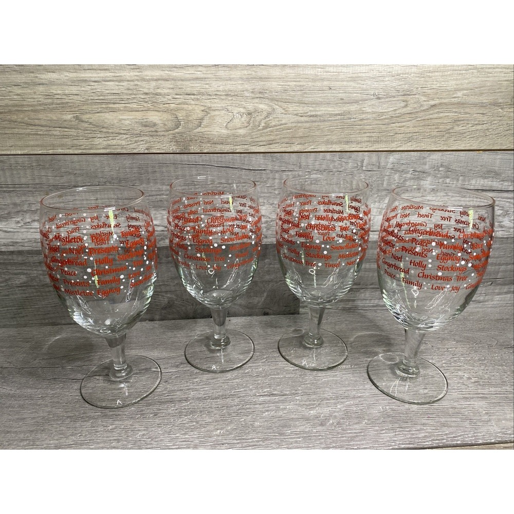 Set Of 4 Clear Glass Goblets With Red Holiday/Christmas Printed Words 7"